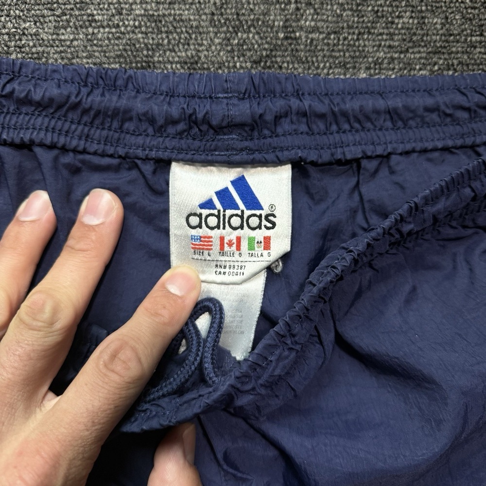 Vintage 90s Adidas navy blue windbreaker pants Large white stripes track joggers - Picture 2 of 5